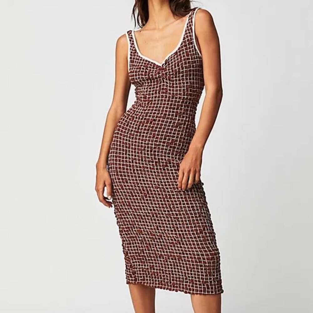 Free People Standout Smocked Convertible Midi Dress Brown Large $98 NWT!